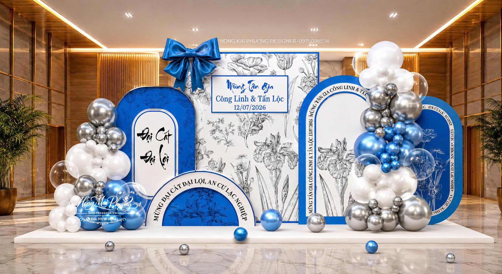 File thiết kế trang trí tiệc tân gia tone xanh dương- trắng phối nơ - hoa. Trang trí bong bóng luxury.